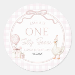 ONE Silly Goose Pink Bow 1st Birthday Party Runder Aufkleber