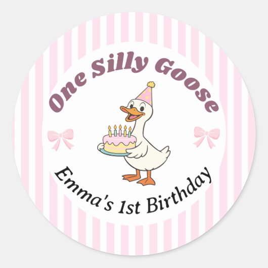 One Silly Goose Pink Bow 1st Birthday Runder Aufkleber (Vorderseite)