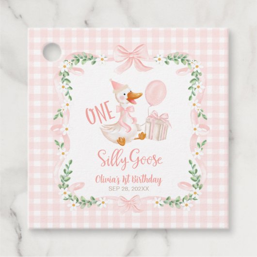 One Silly Goose Pink Bow Floral 1st Birthday Geschenkanhänger (Vorderseite)