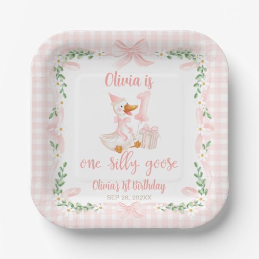 One Silly Goose Pink Bow Floral 1st Birthday Pappteller (Vorderseite)