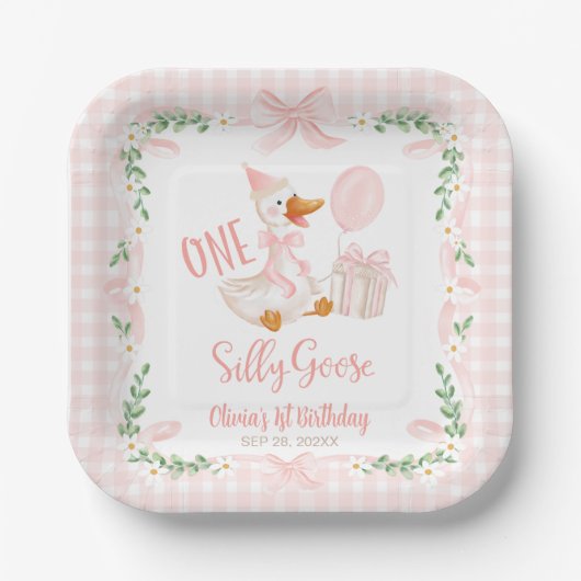 One Silly Goose Pink Bow Floral 1st Birthday Pappteller (Vorderseite)