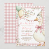 One Silly Goose Pink Bow Girl 1st Birthday Einladung (Vorne/Hinten)