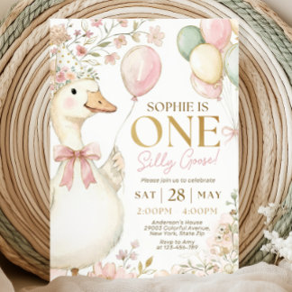 One Silly Goose Pink Bow Girl 1st Birthday Invitat Einladung
