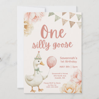 One Silly Goose Pink Floral 1st Birthday  Einladung