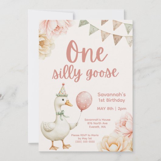 One Silly Goose Pink Floral 1st Birthday  Einladung (Vorderseite)