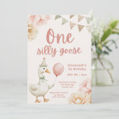 One Silly Goose Pink Floral 1st Birthday  Einladung (Stehend Vorderseite)