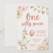 One Silly Goose Pink Floral 1st Birthday  Einladung (Vorne/Hinten)