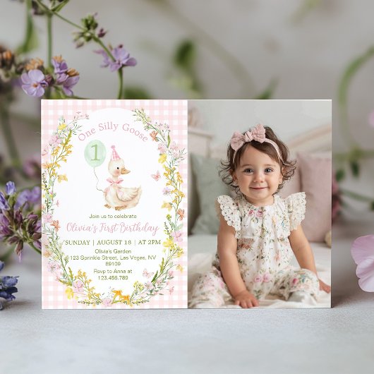 One Silly Goose Pink Floral Birthday Photo Invite Dankeskarte