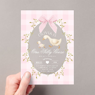 One Silly Goose Pink Gingham Bow girl 1st Birthday Acryleinladungen