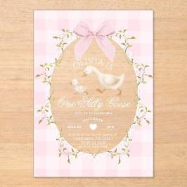 One Silly Goose Pink Gingham Bow girl 1st Birthday Acryleinladungen