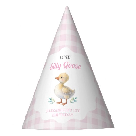 One Silly Goose Pink Gingham Girl First Birthday Partyhütchen (Vorderseite)