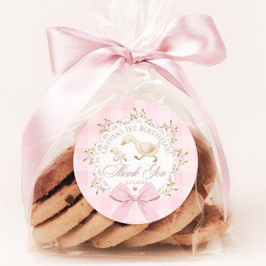 One Silly Goose Pink Gingham Whimsical Thank you Runder Aufkleber