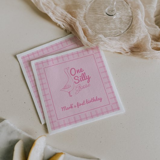 One Silly Goose Pink Hand Drawn Girl 1st Birthday Serviette