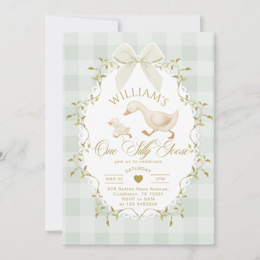 One Silly Goose Pistachio Gingham 1st Birthday Einladung (Vorderseite)