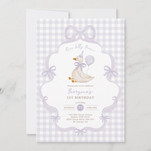 One Silly Goose Purple Bow Balloon 1st Birthday Einladung (Vorderseite)