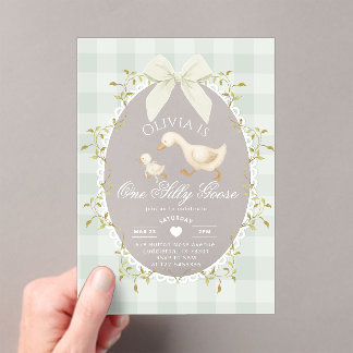 One Silly Goose Sage Gingham Bow girl 1st Birthday Acryleinladungen