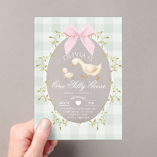 One Silly Goose Sage Gingham Bow girl 1st Birthday Acryleinladungen