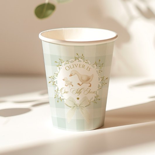 One Silly Goose Sage Gingham Gender neutral Pappbecher