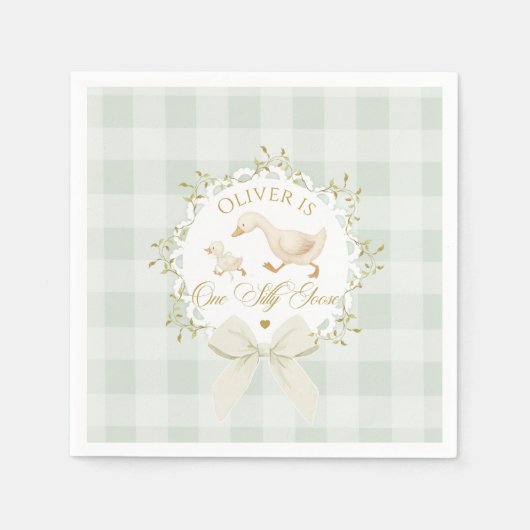 One Silly Goose Sage Gingham Gender neutral Serviette (Vorderseite)