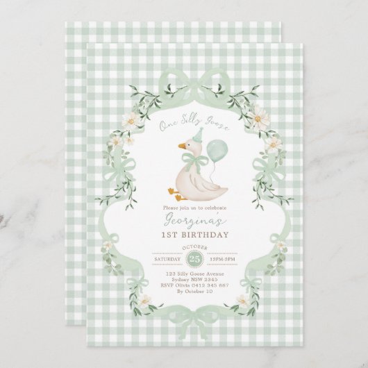 One Silly Goose Sage Green Bow 1st Birthday Einladung (Vorne/Hinten)