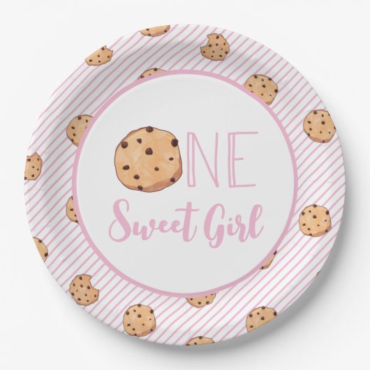 One Sweet Girl Cookies und Pink Streifen Geburtsta Pappteller (Vorderseite)