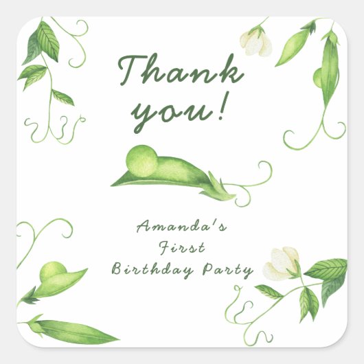 One Sweet Pea First Birthday Quadratischer Aufkleber (Vorderseite)