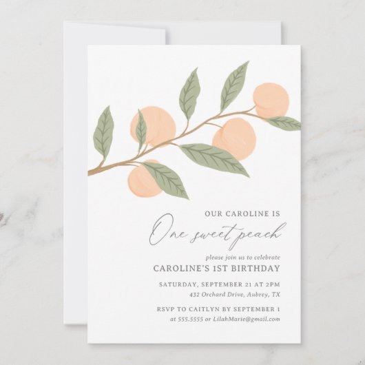 One Sweet Peach 1st Birthday Einladung (Vorderseite)