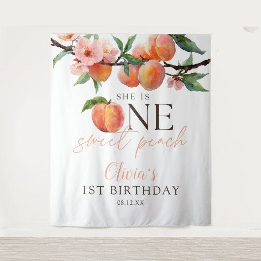 One Sweet Peach 1st Birthday Photo Backdrop Wandteppich (Vorderseite)