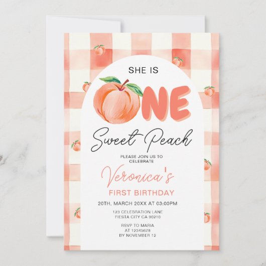 One Sweet Peach Birthday Party Boho Gingham Einladung (Vorderseite)