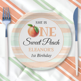 One sweet peach First Birthday watercolor stripes Pappteller