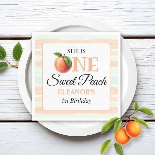 One sweet peach First Birthday watercolor stripes Serviette