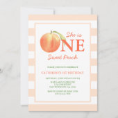 One Sweet Peach Stripes Girl Birthday Einladung (Vorderseite)