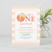One Sweet Peach Stripes Girl Birthday Einladung (Stehend Vorderseite)