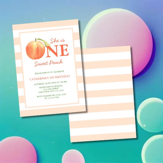 One Sweet Peach Stripes Girl Birthday Einladung