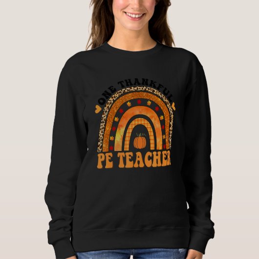 One Thankful PE Teacher Rainbow Leopard Groovy Tea Sweatshirt (Vorderseite)