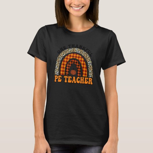 One Thankful PE Teacher Rainbow Leopard Groovy Tea T-Shirt (Vorderseite)