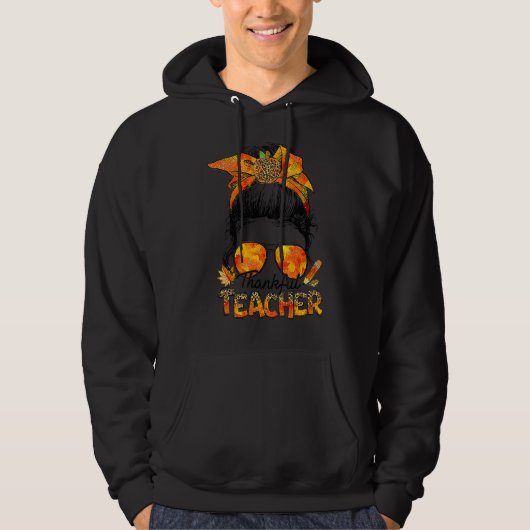 One Thankful Teacher Leopard Messy Bun Thanksgivin Hoodie (Vorderseite)