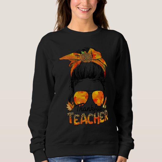 One Thankful Teacher Leopard Messy Bun Thanksgivin Sweatshirt (Vorderseite)