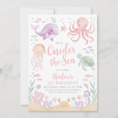 One the Sea Girl 1. Geburtstag Pink Einladung (Vorderseite)