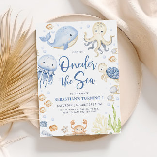 One the Sea Ocean Animals Junge 1. Geburtstag Einladung