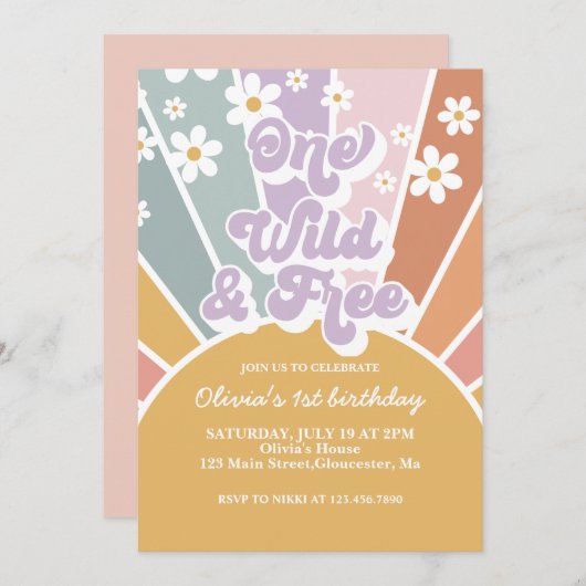 One Wild and Free Retro Sunshine Rainbow Daisy Inv Einladung (Vorne/Hinten)
