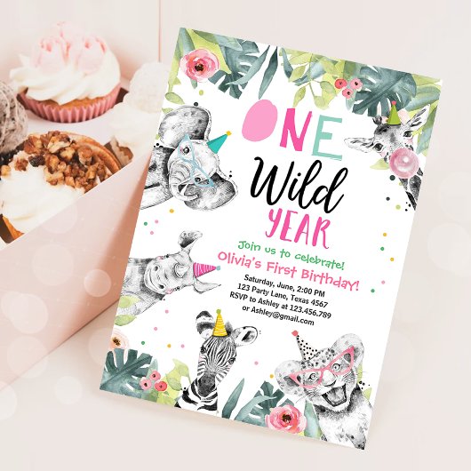 One Wild Year Girl Birthday Party Safari Tiere Einladung