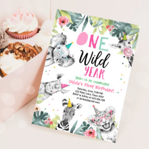 One Wild Year Girl Birthday Party Safari Tiere Einladung