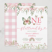 One year fluttered Butterfly First Birthday Floral Einladung (Vorne/Hinten)