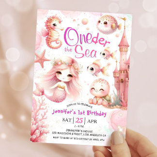 ONEder The Sea! 1. Geburtstagsmädchen Rosa Meerest Einladung
