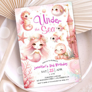 ONEder The Sea! 2. Geburtstagsmädchen Rosa Niedlic Einladung