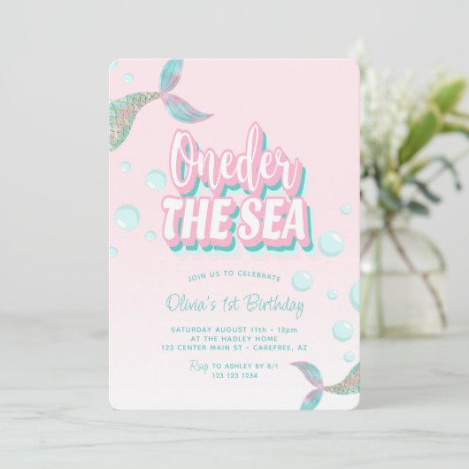 Oneder The Sea Mermaid 1st Birthday Einladung (Stehend Vorderseite)