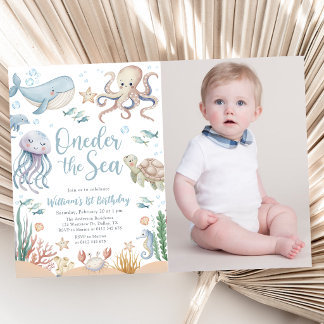 Oneder The Sea Ocean Animals 1st Birthday Photo Einladung