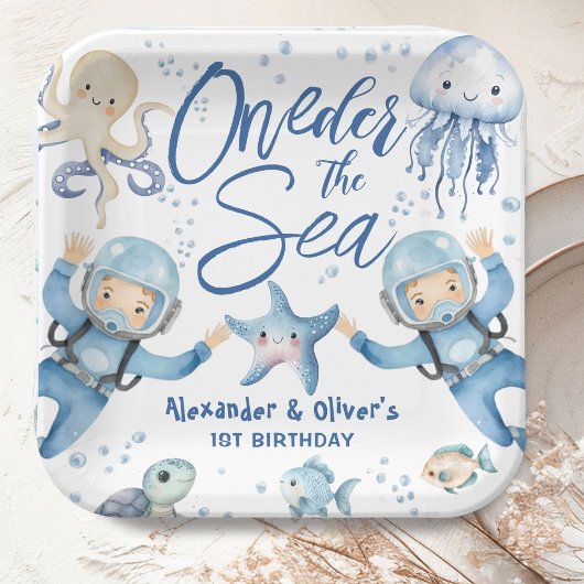 ONEder The Sea Twin Boys 1st Birthday Ocean Pappteller
