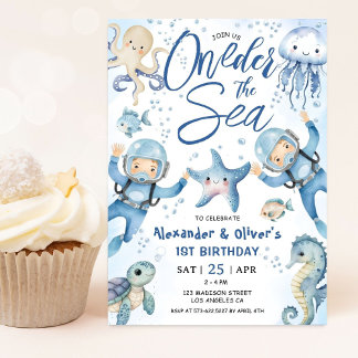 ONEder The Sea Zwillingsjunge 1. Geburtstag Süßer Einladung